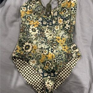 THE GREAT. Floral One-Piece Swimsuit in Green, Yellow, Cream